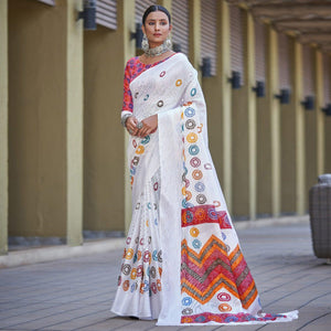 White Printed Jute Saree - Peachmode