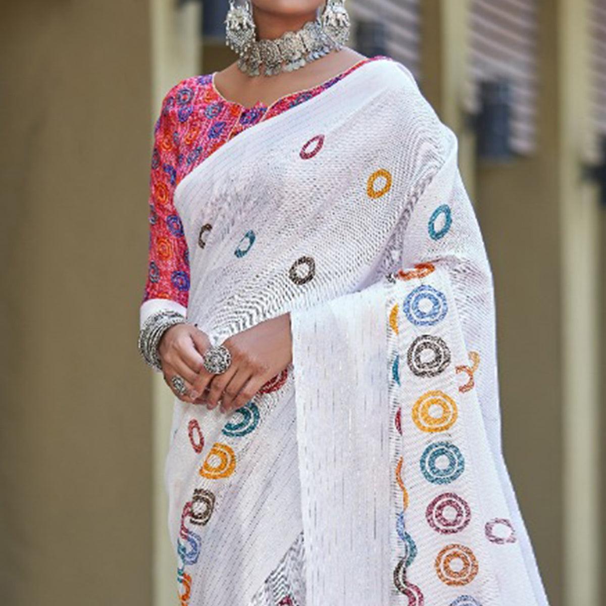 White Printed Jute Saree - Peachmode