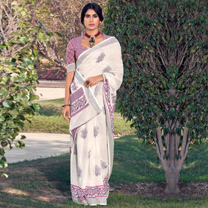 White Printed Linen Saree - Peachmode