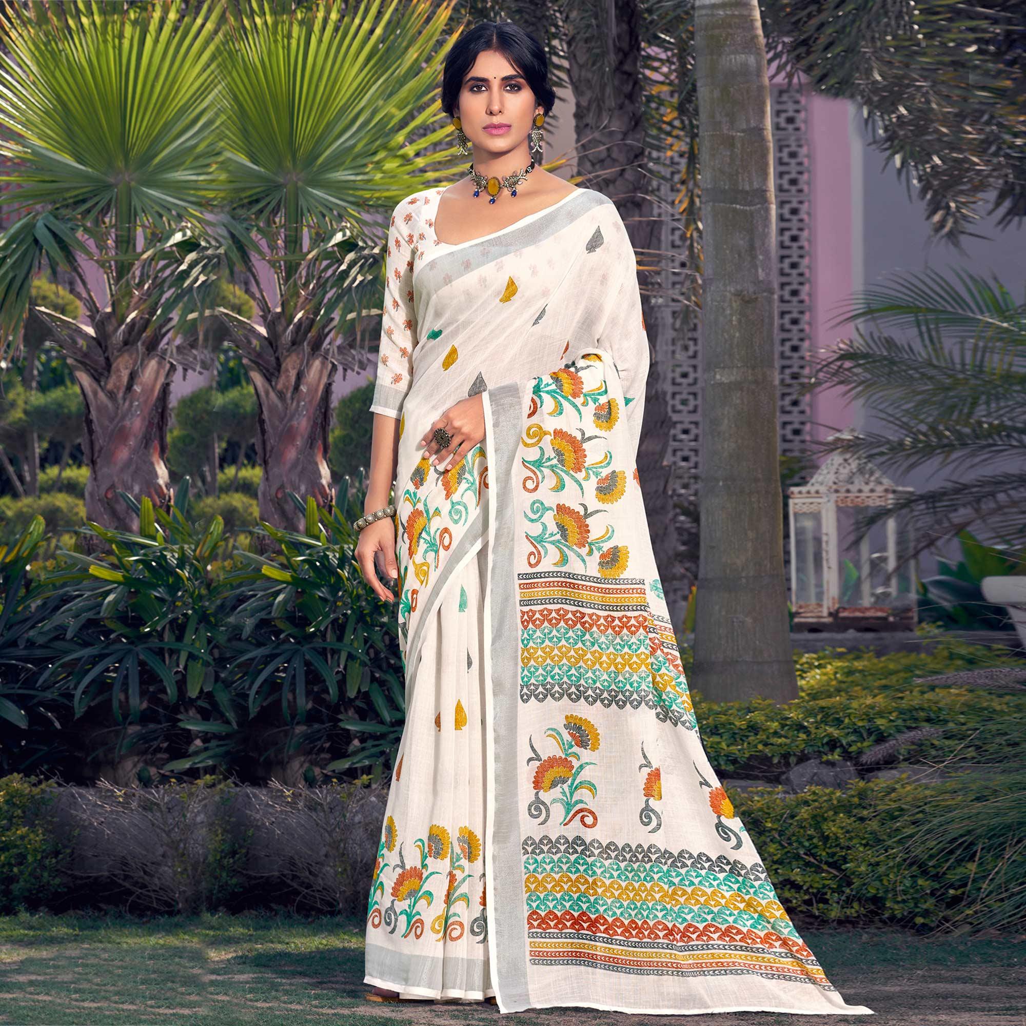 White Printed Linen Saree - Peachmode