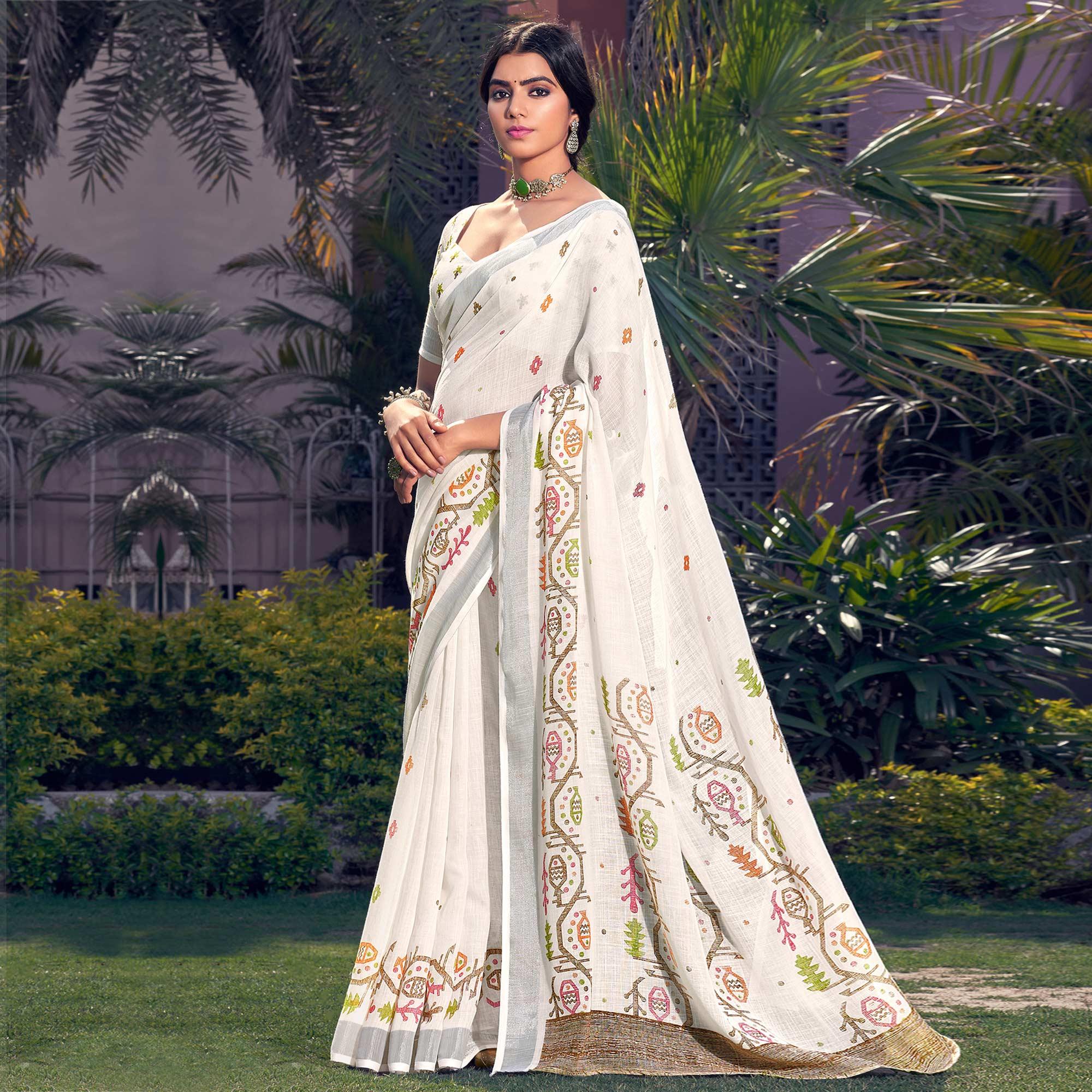 White Printed Linen Saree - Peachmode