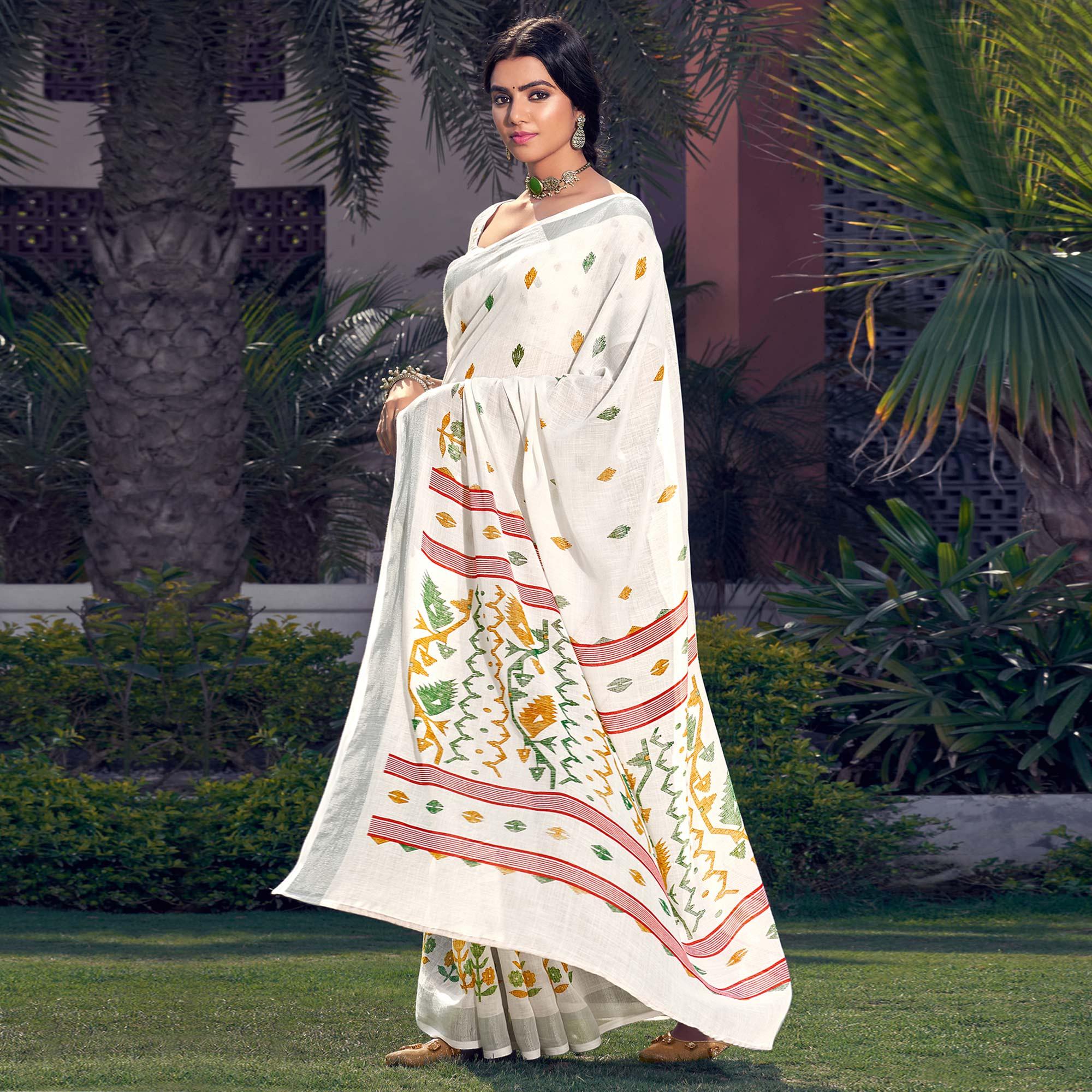 White Printed Linen Saree - Peachmode