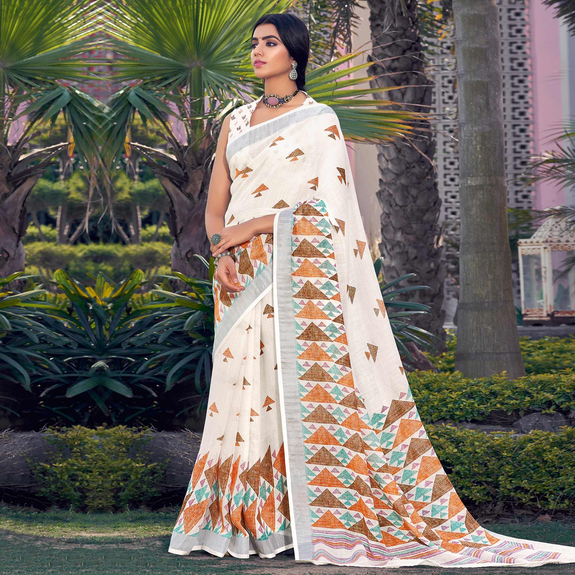 White Printed Linen Saree - Peachmode