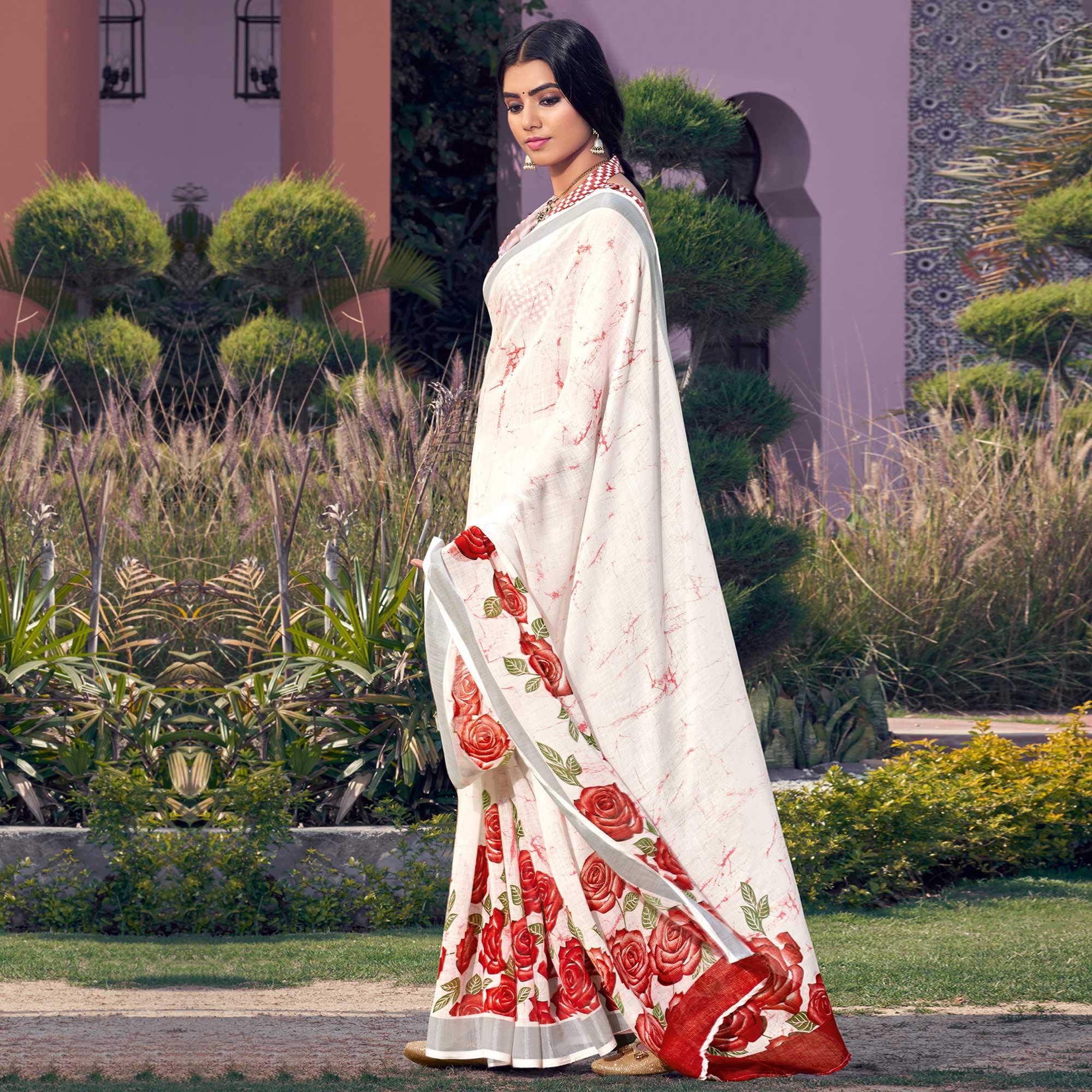 White Printed Linen Saree - Peachmode