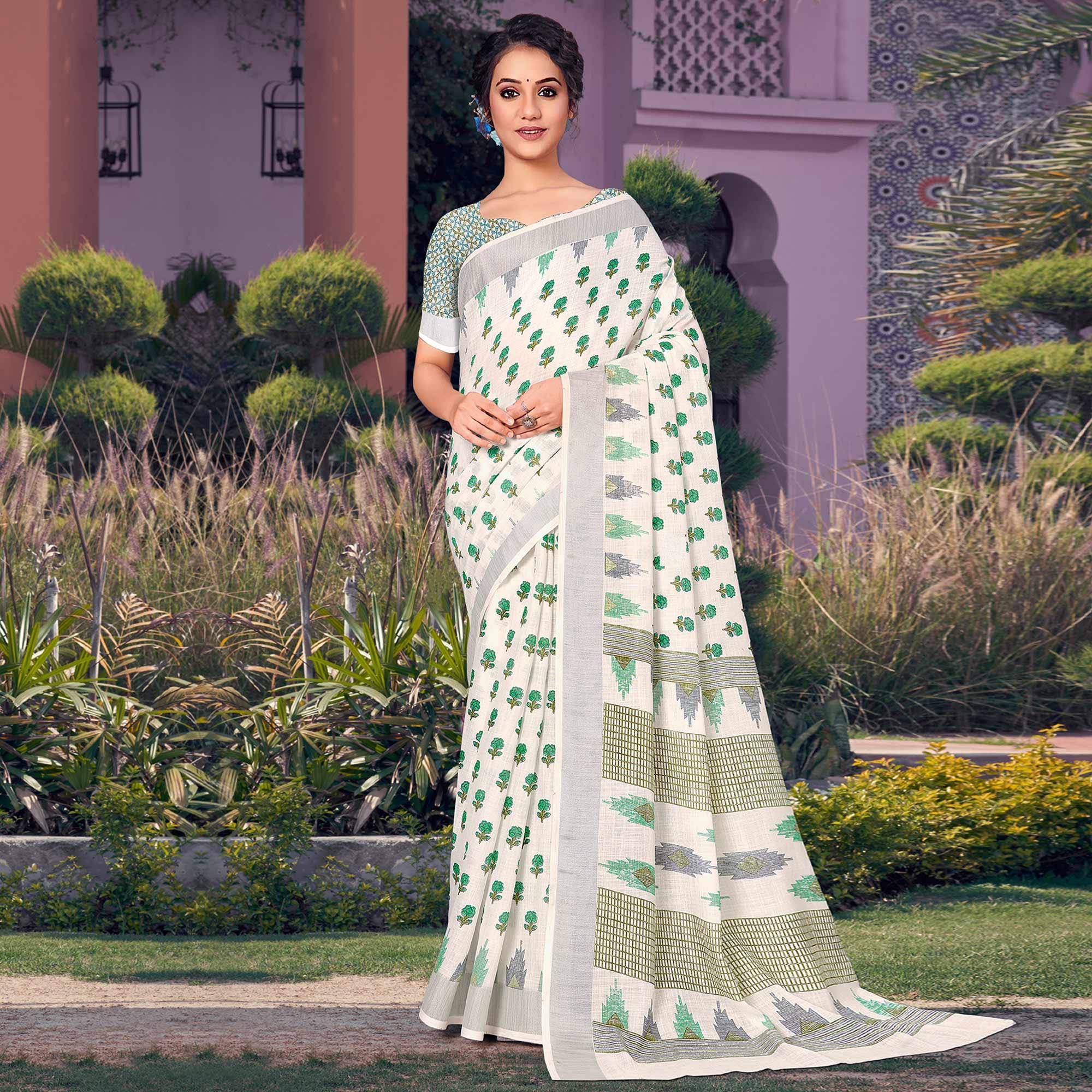 White Printed Linen Saree - Peachmode