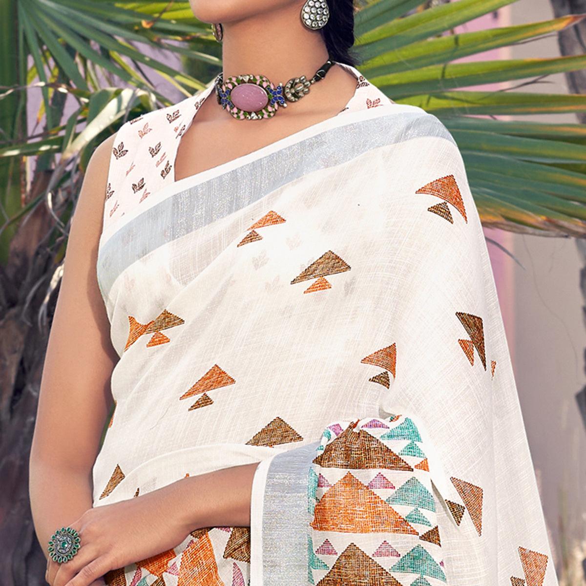 White Printed Linen Saree - Peachmode