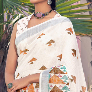 White Printed Linen Saree - Peachmode