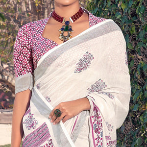 White Printed Linen Saree - Peachmode