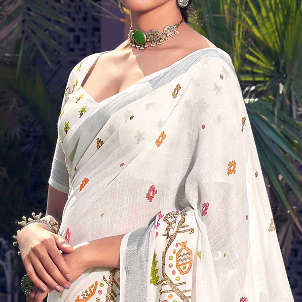 White Printed Linen Saree - Peachmode