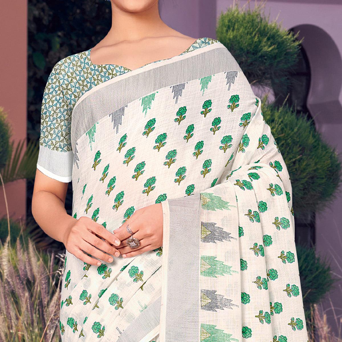 White Printed Linen Saree - Peachmode