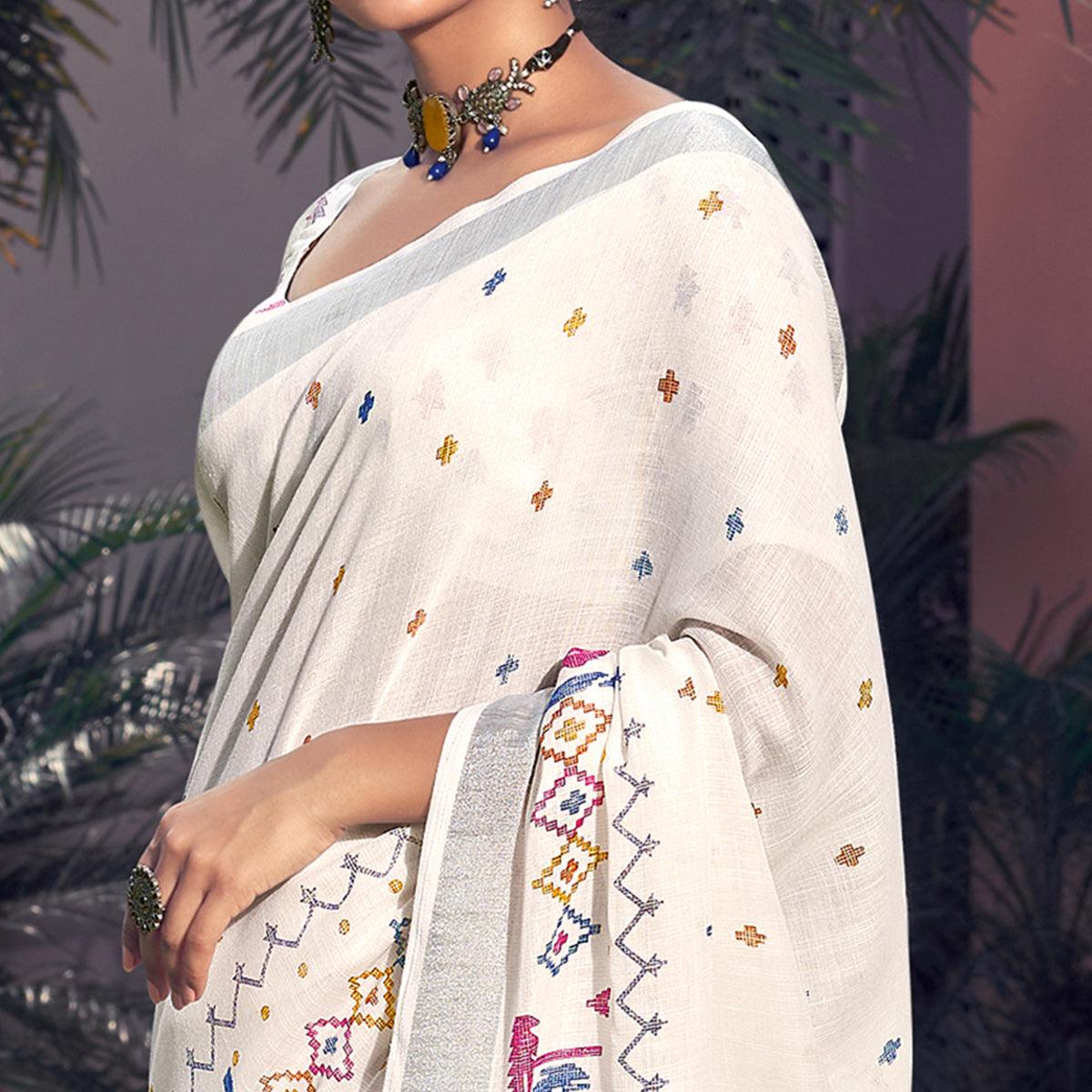 White Printed Linen Saree - Peachmode