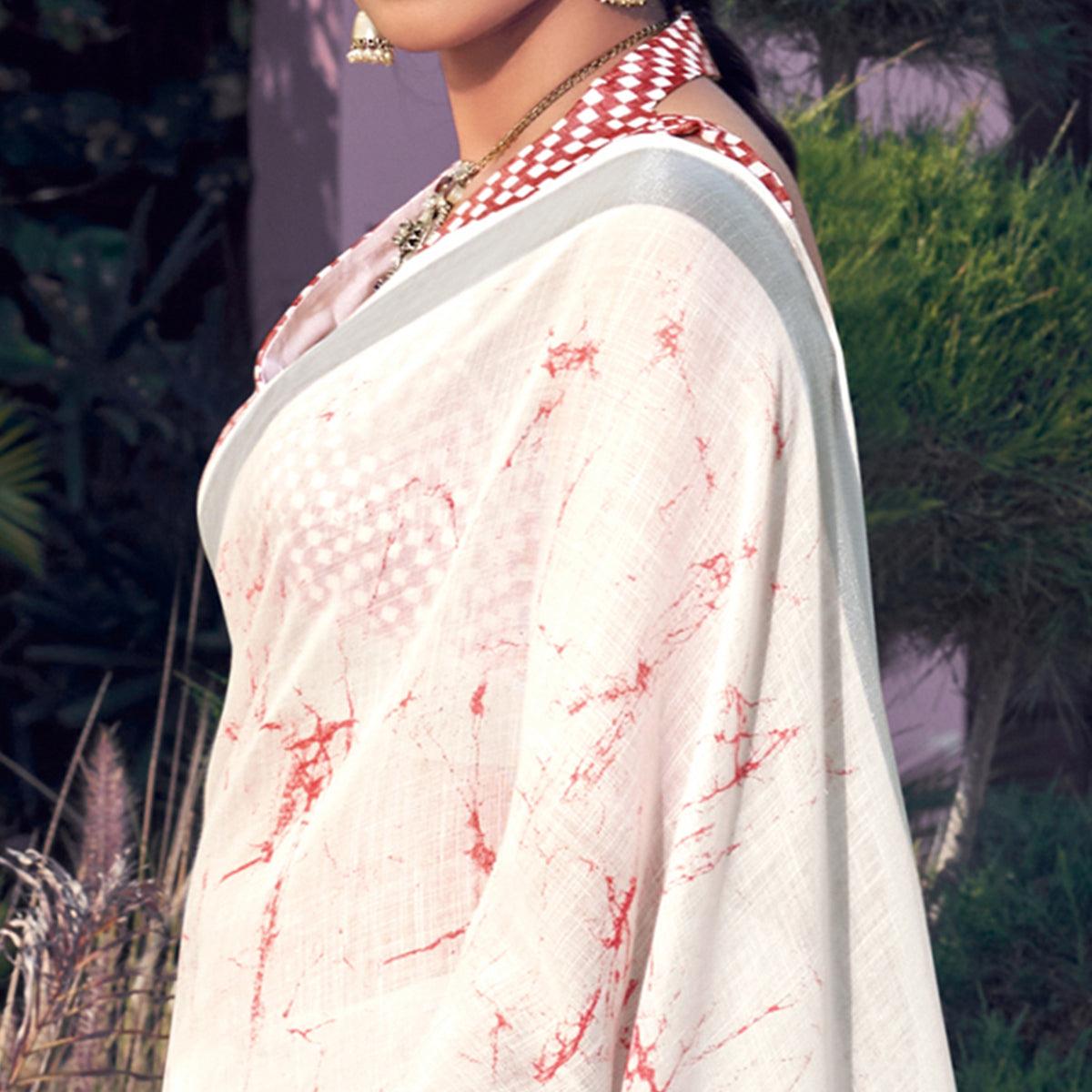 White Printed Linen Saree - Peachmode