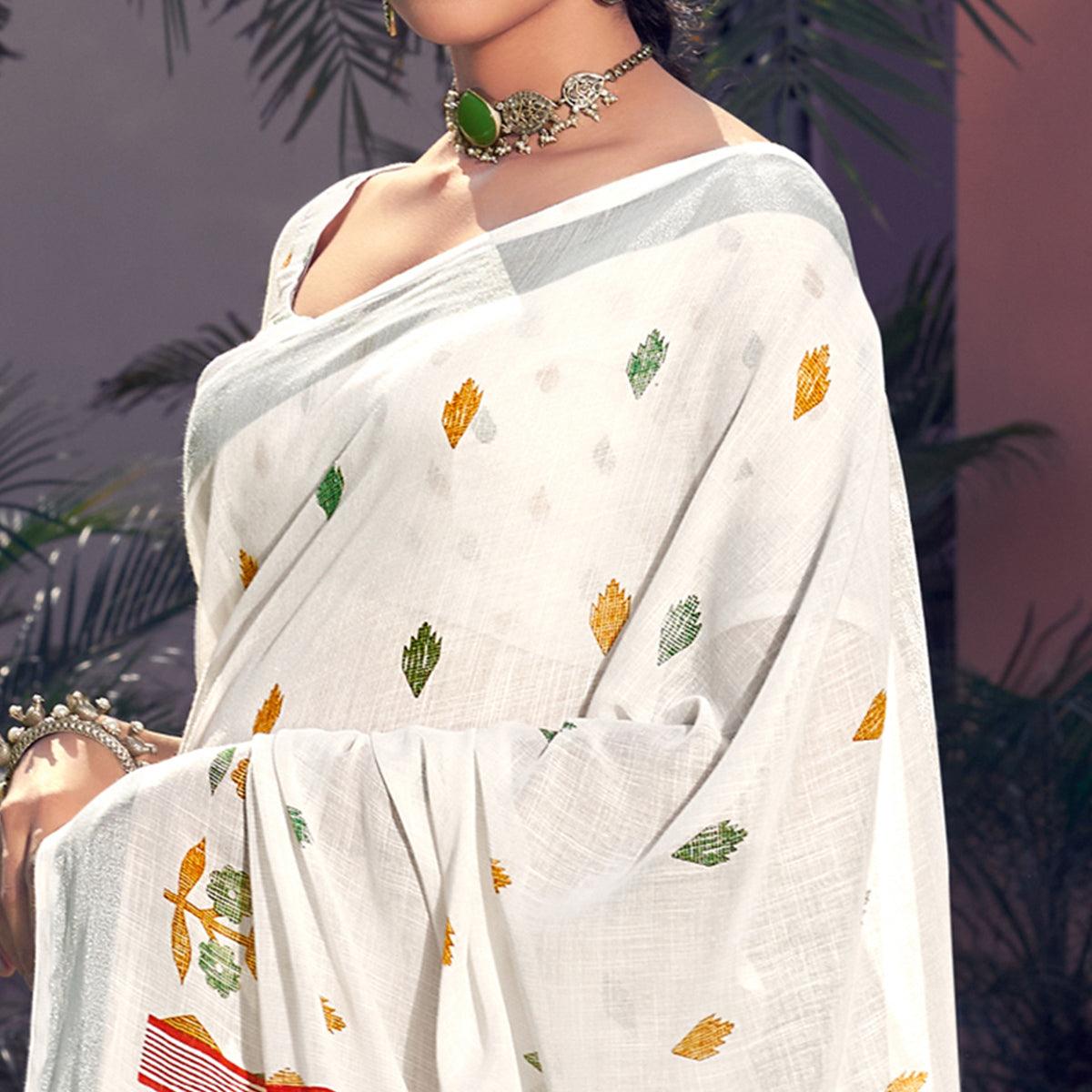 White Printed Linen Saree - Peachmode