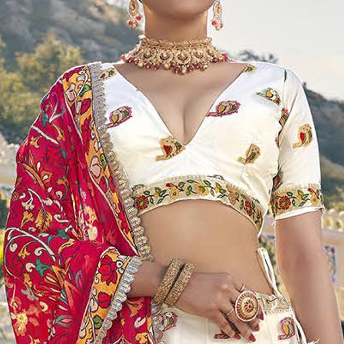 White Printed Organza Lehenga Choli - Peachmode