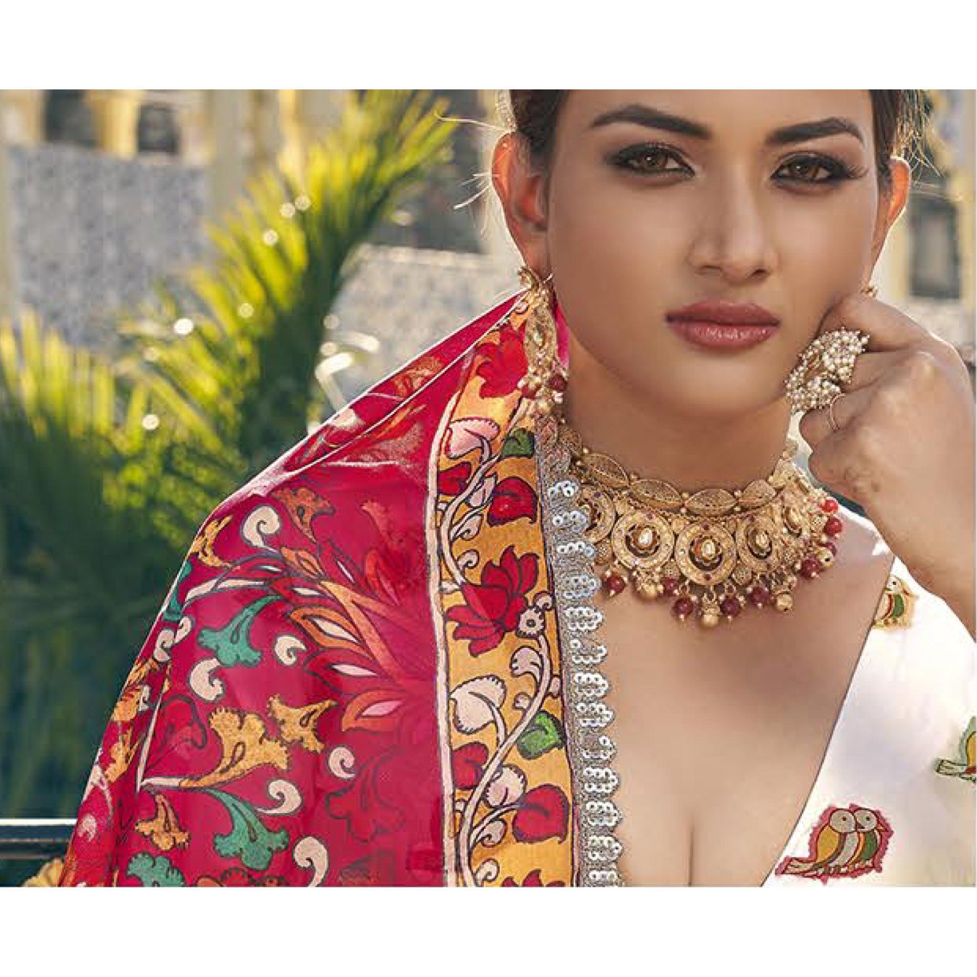 White Printed Organza Lehenga Choli - Peachmode