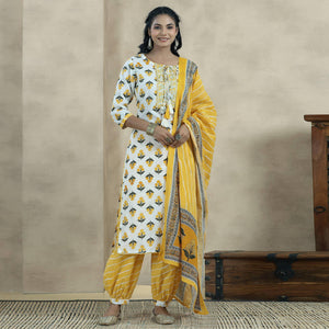 White Printed Pure Cotton Kurti Pant Set With Dupatta - Peachmode