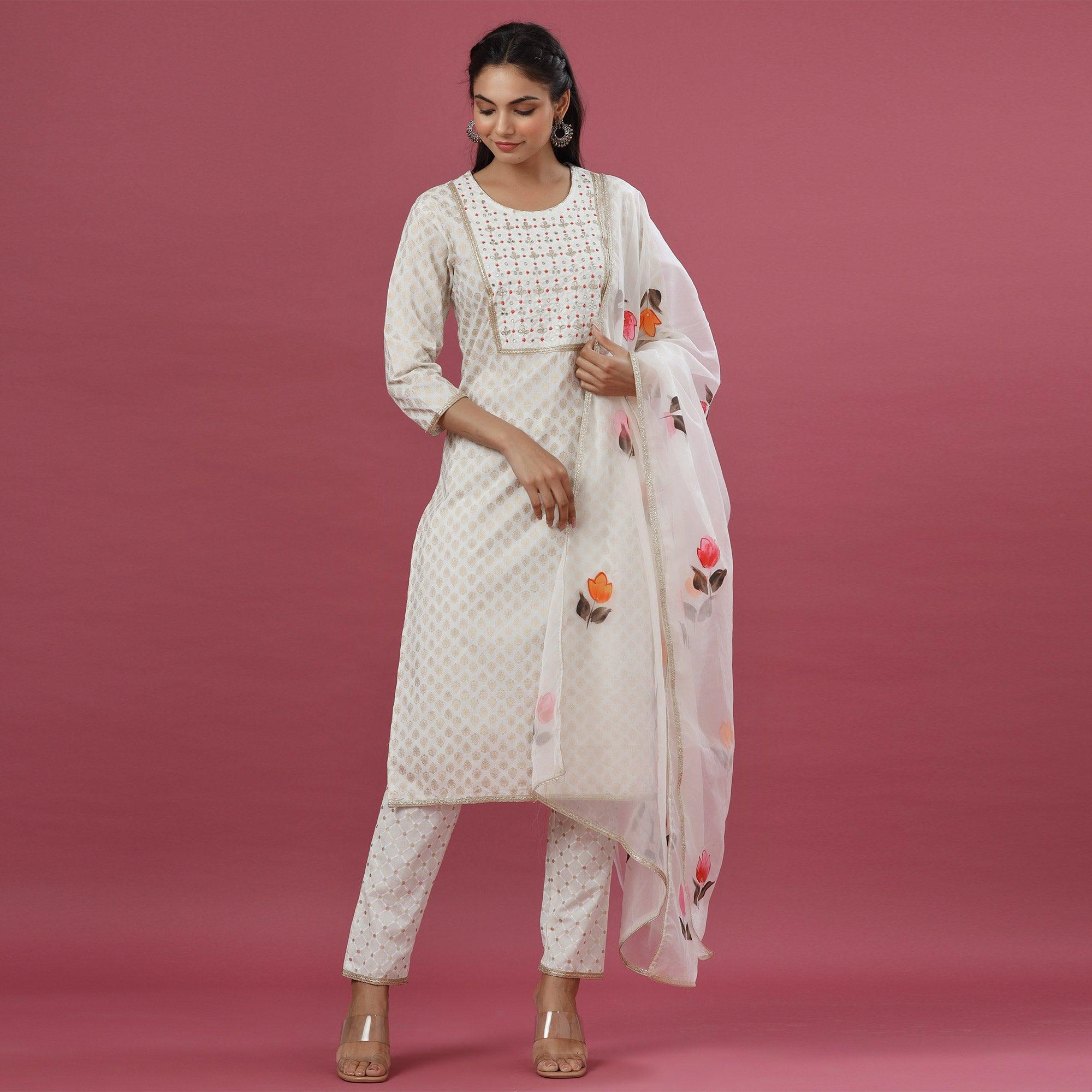 White Printed Pure Cotton Kurti Pant Set With Dupatta - Peachmode