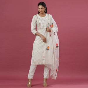 White Printed Pure Cotton Kurti Pant Set With Dupatta - Peachmode