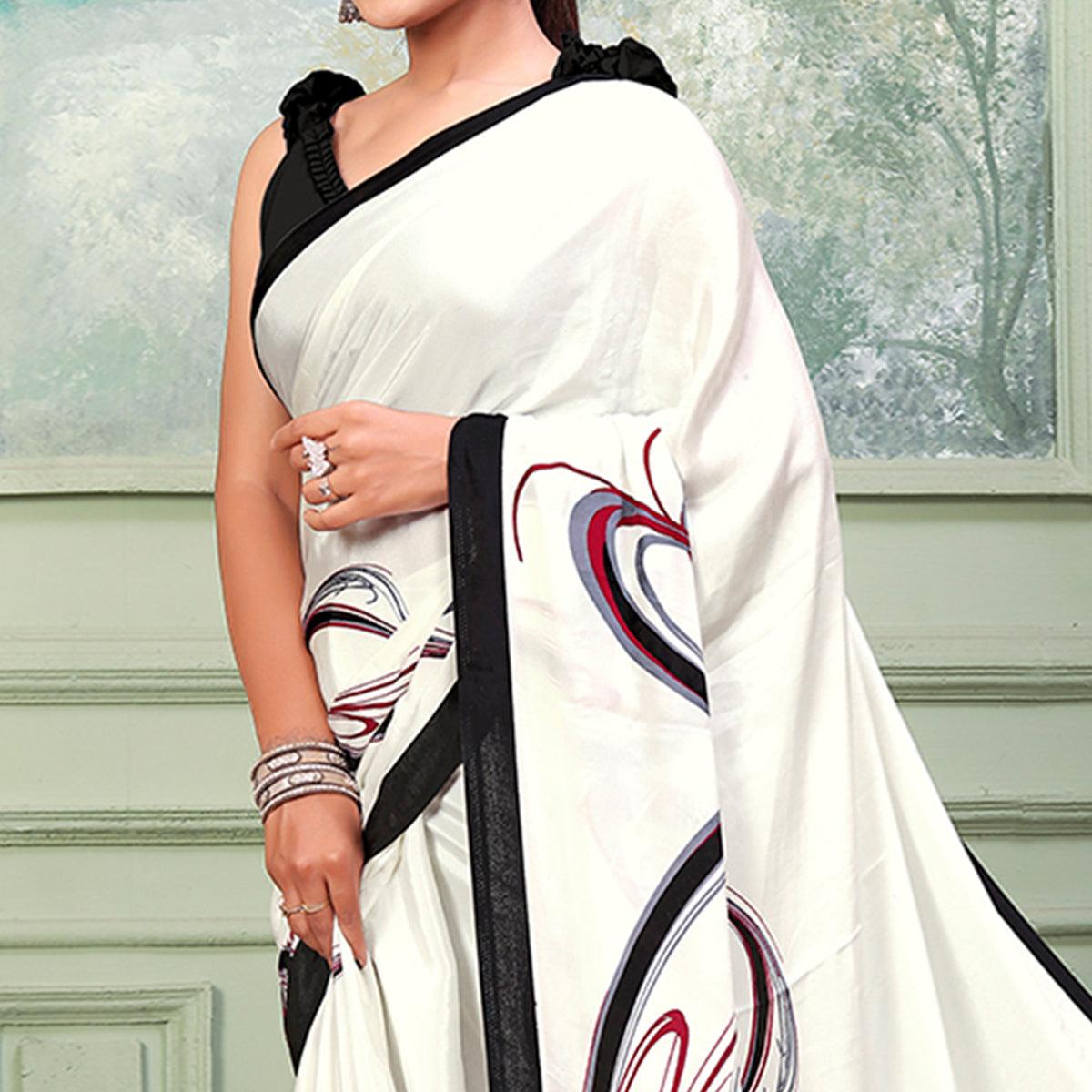 White Printed Raw Silk Saree - Peachmode