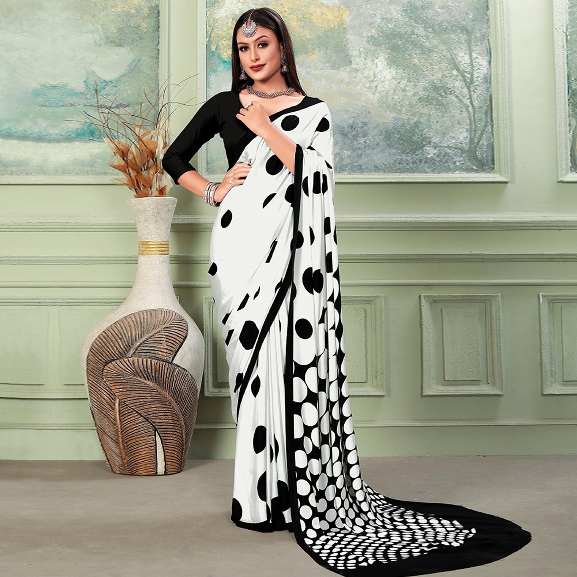 White Printed Raw Silk Saree - Peachmode