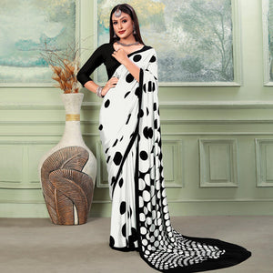 White Printed Raw Silk Saree - Peachmode
