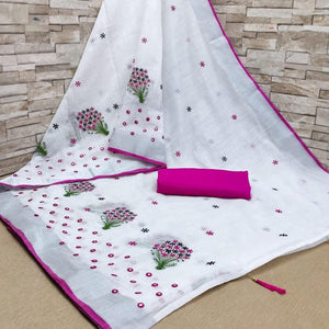 White - Purple Casual Wear Floral Embroidered Linen Saree - Peachmode