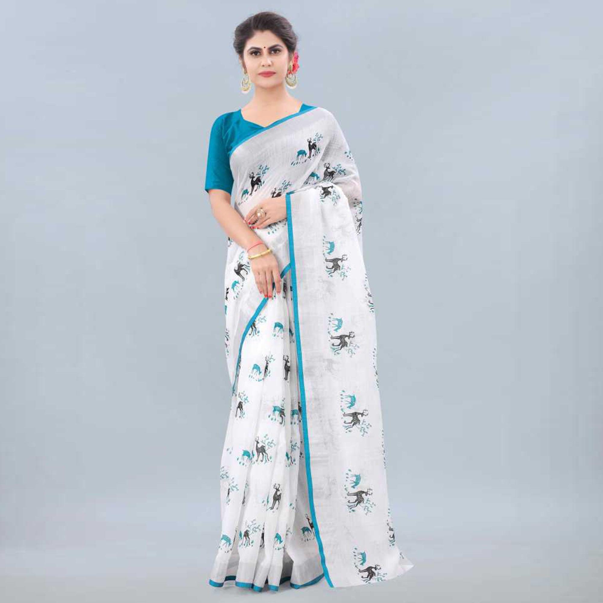 White-Rama Casual Wear Digital Printed Linen Saree - Peachmode