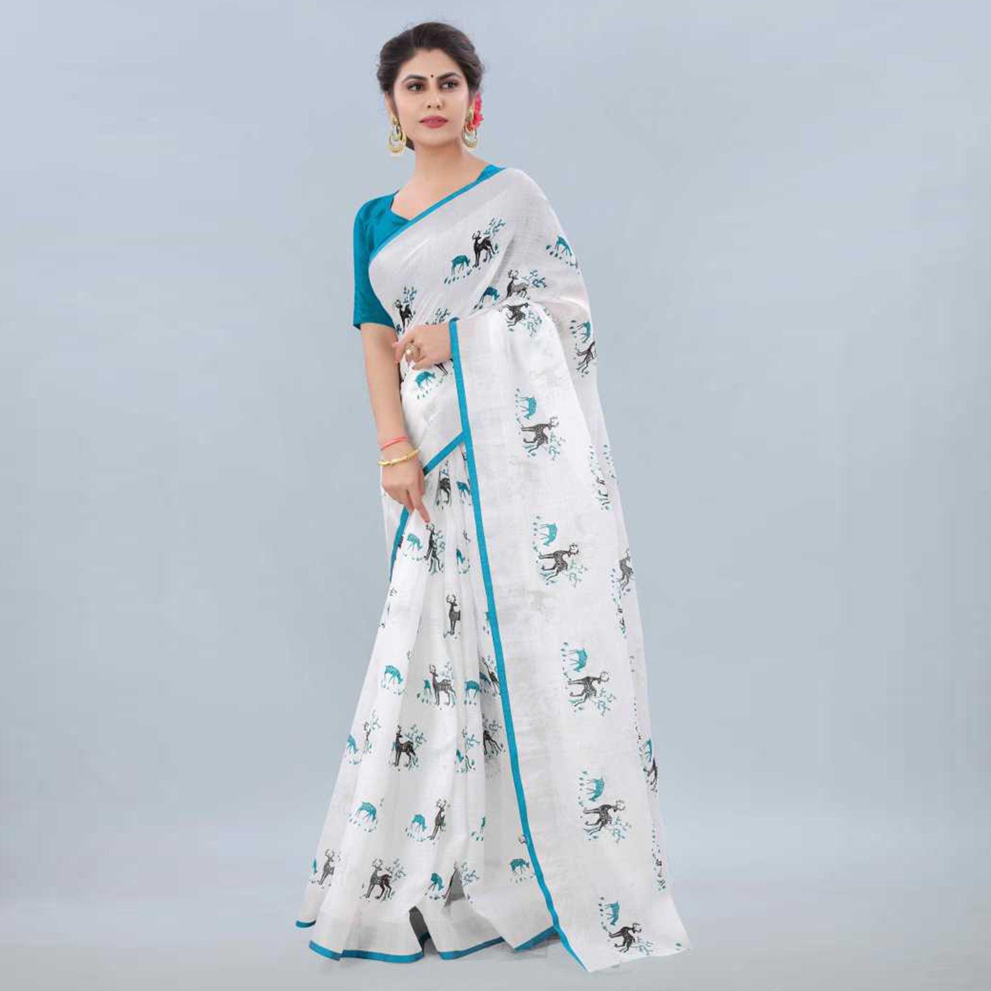 White-Rama Casual Wear Digital Printed Linen Saree - Peachmode