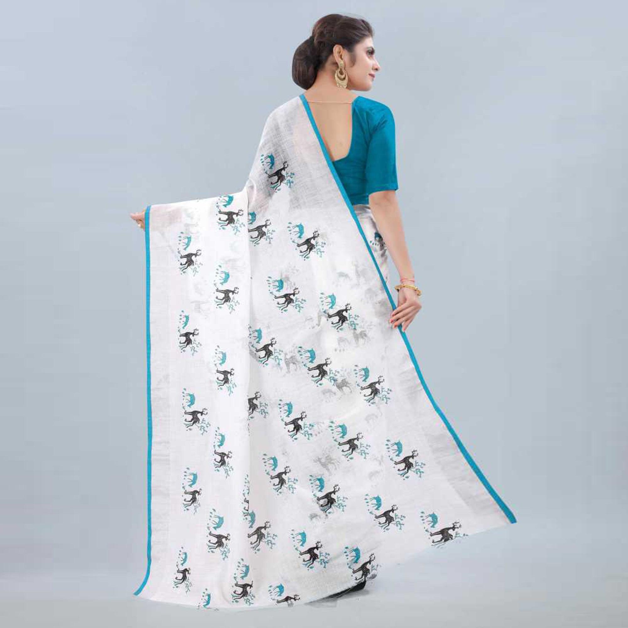 White-Rama Casual Wear Digital Printed Linen Saree - Peachmode