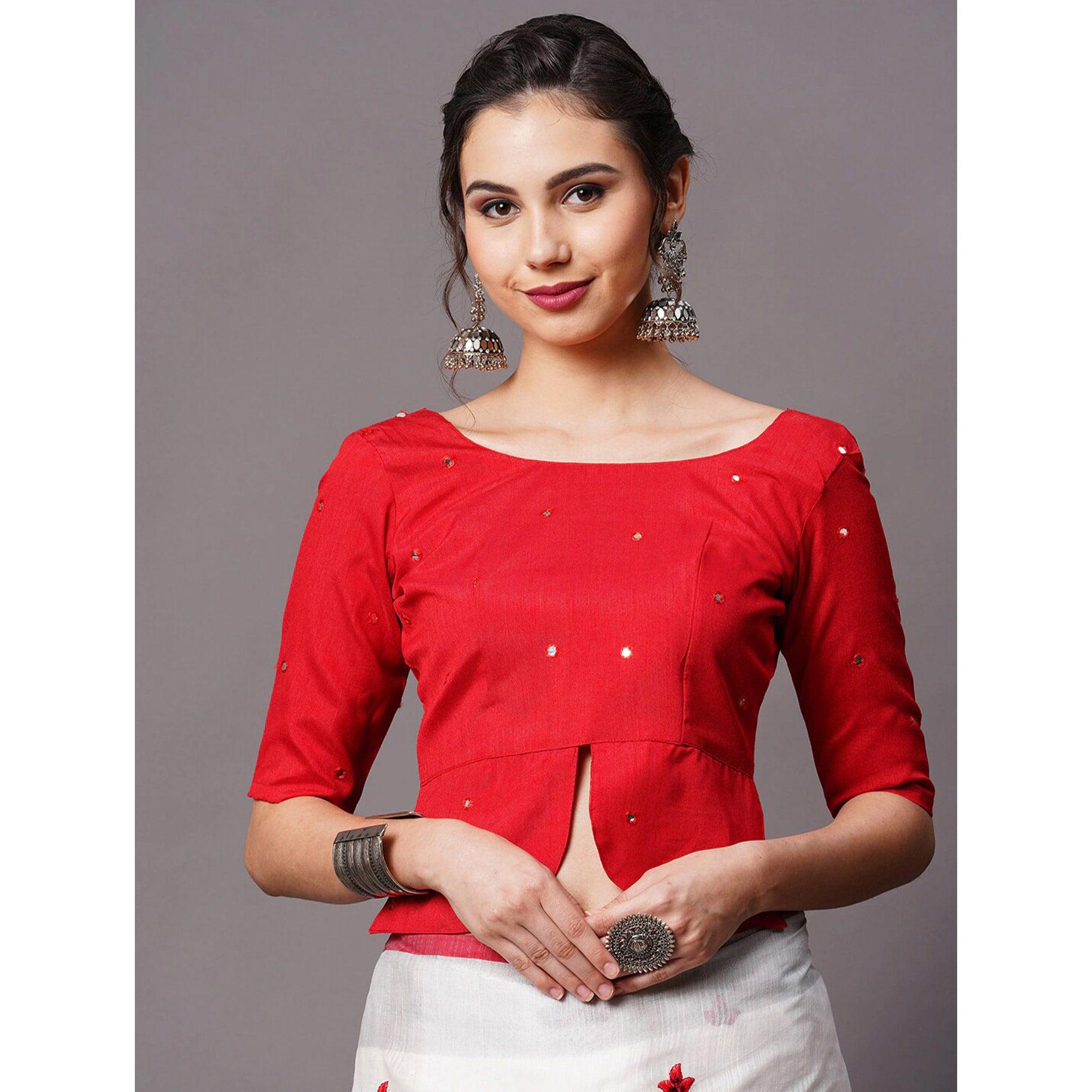 White - Red Casual Wear Embroidered Linen Saree With Tassels - Peachmode