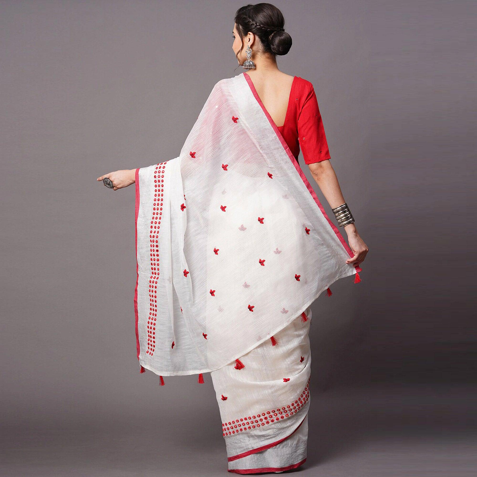 White - Red Casual Wear Embroidered Linen Saree With Tassels - Peachmode