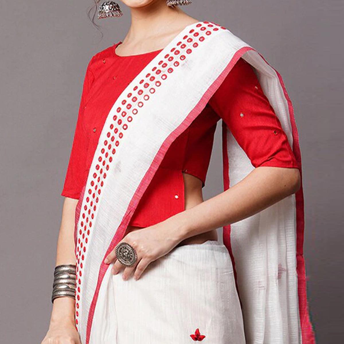 White - Red Casual Wear Embroidered Linen Saree With Tassels - Peachmode