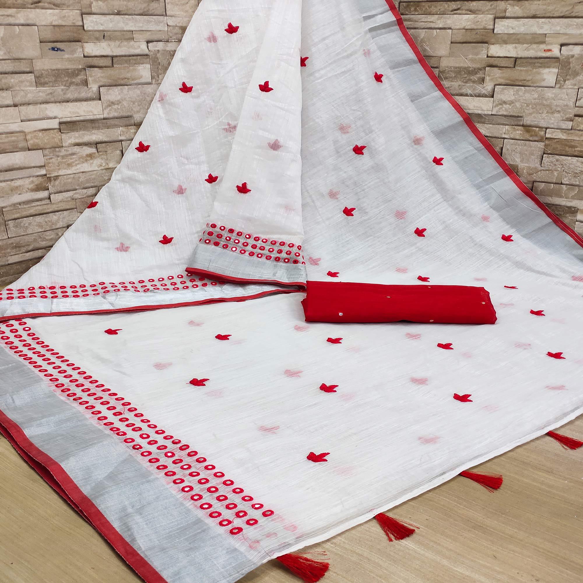 White - Red Casual Wear Embroidered Linen Saree With Tassels - Peachmode