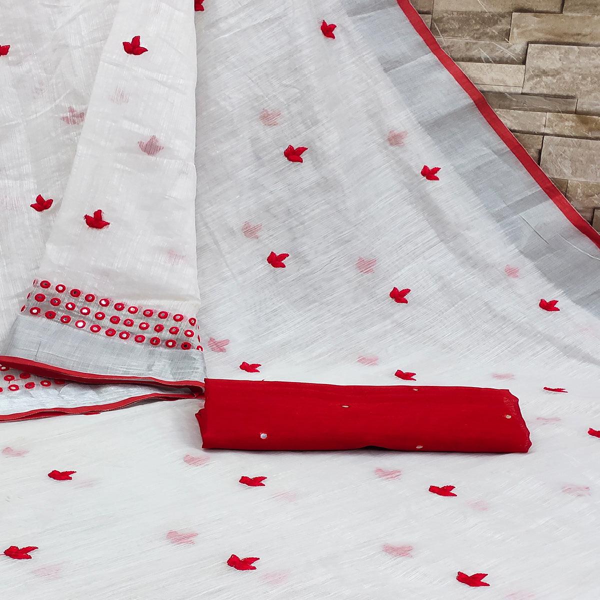 White - Red Casual Wear Embroidered Linen Saree With Tassels - Peachmode
