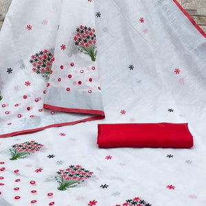 White - Red Casual Wear Floral Embroidered Linen Saree - Peachmode