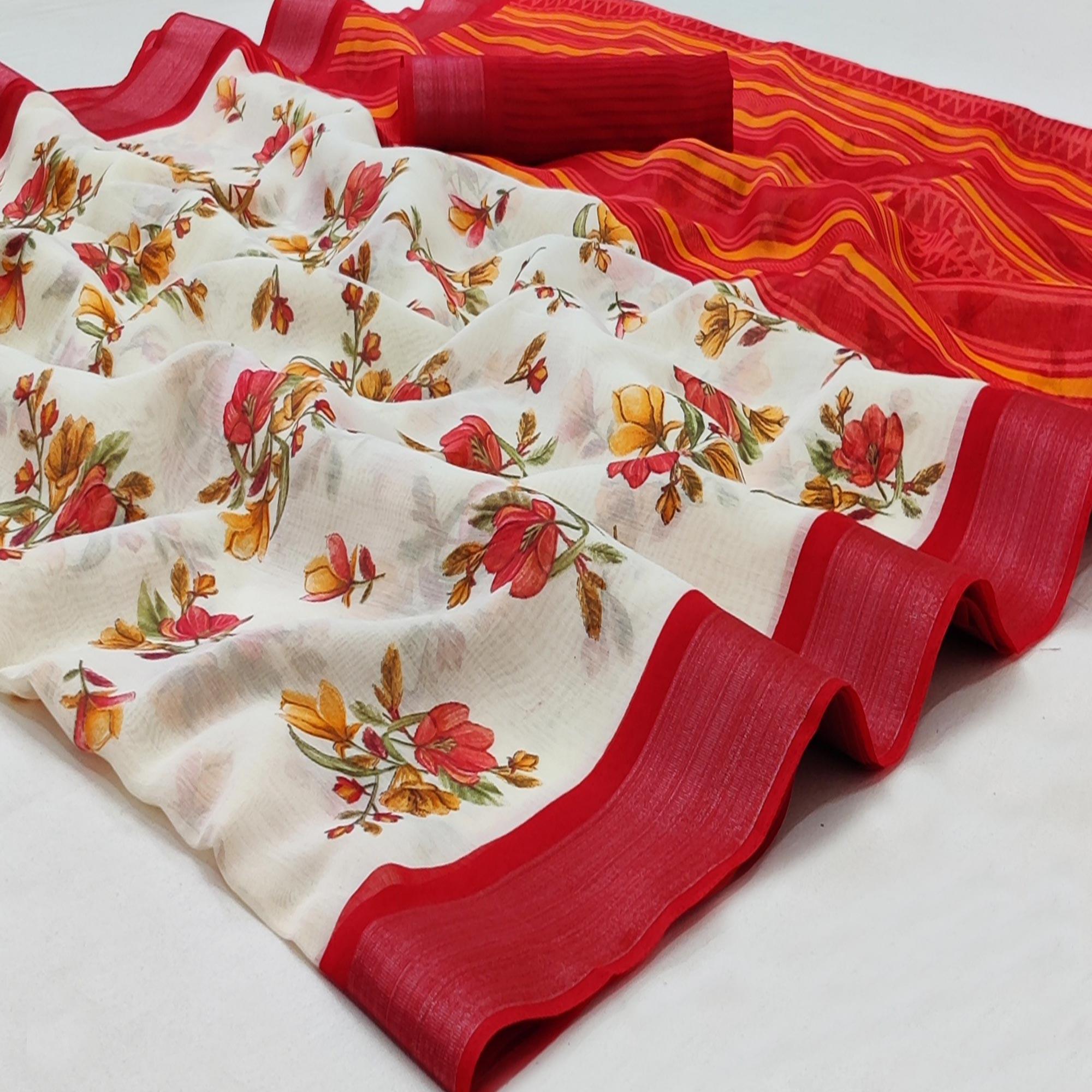 White-Red Casual Wear Floral Mill Printed Cotton Saree With Zari Border - Peachmode