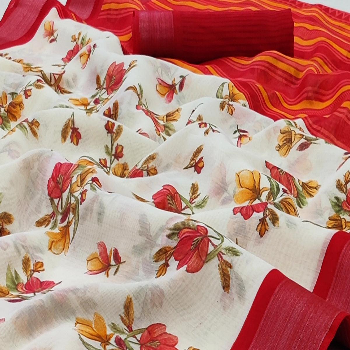 White-Red Casual Wear Floral Mill Printed Cotton Saree With Zari Border - Peachmode