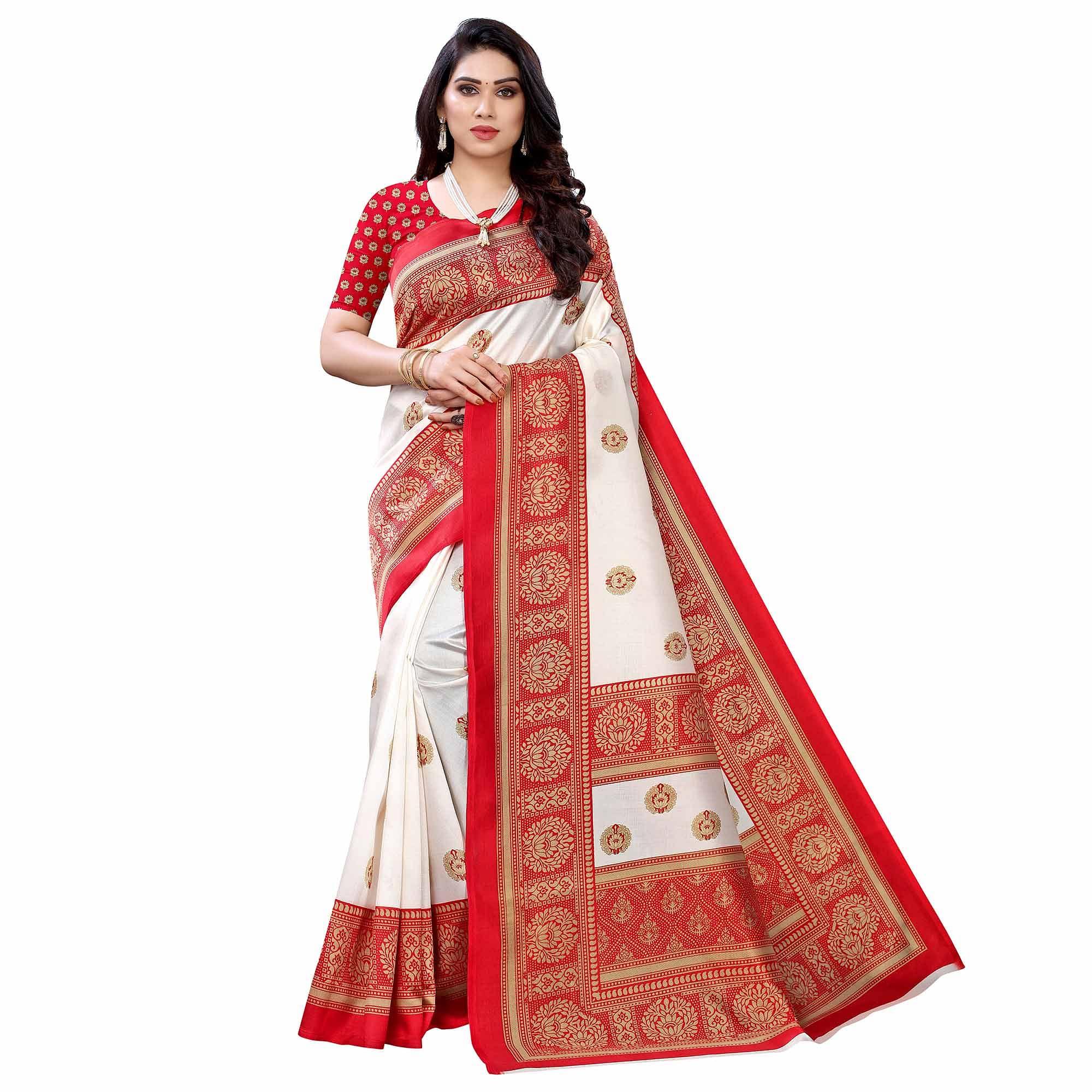 White - Red Casual Wear Printed Art Silk Saree With Border - Peachmode