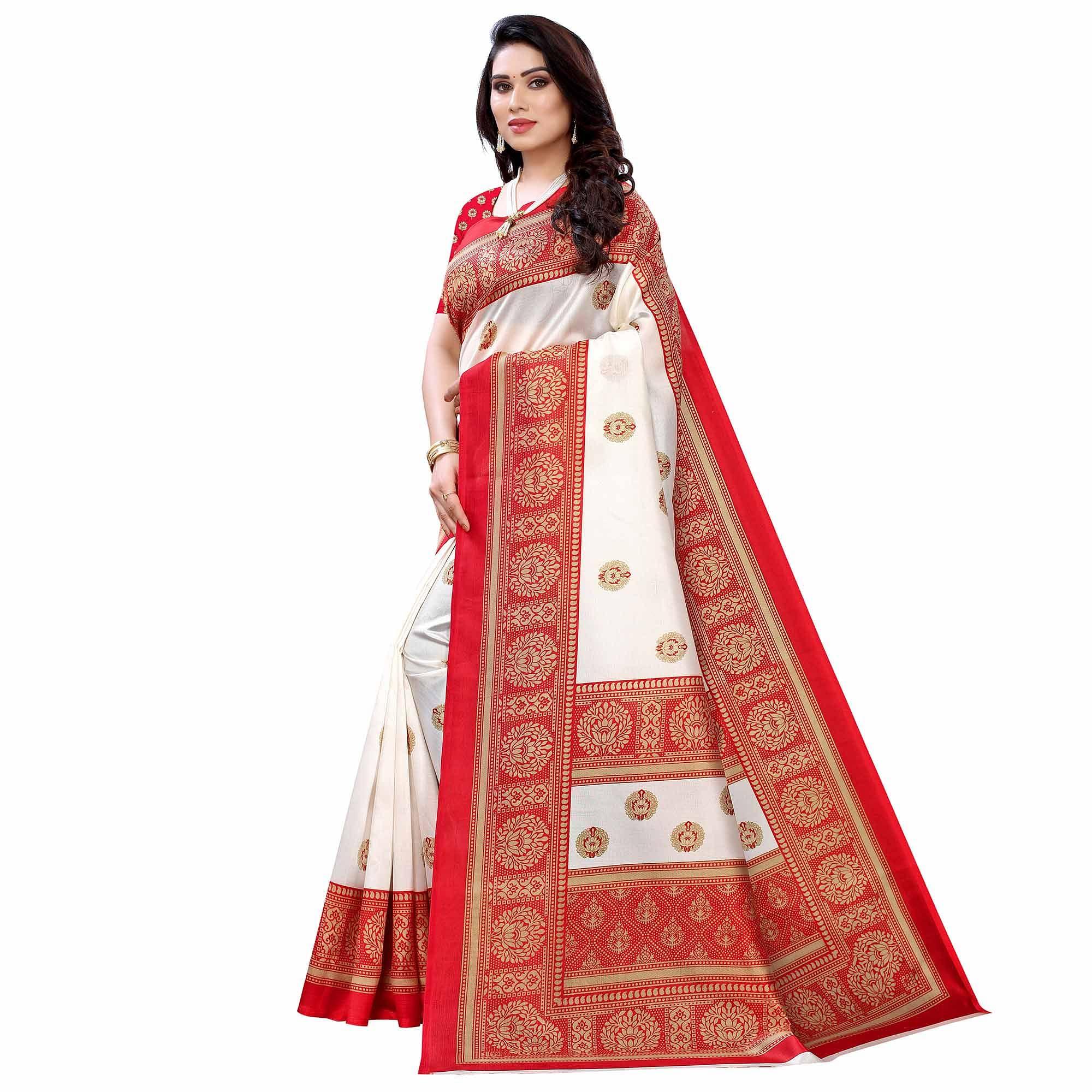 White - Red Casual Wear Printed Art Silk Saree With Border - Peachmode