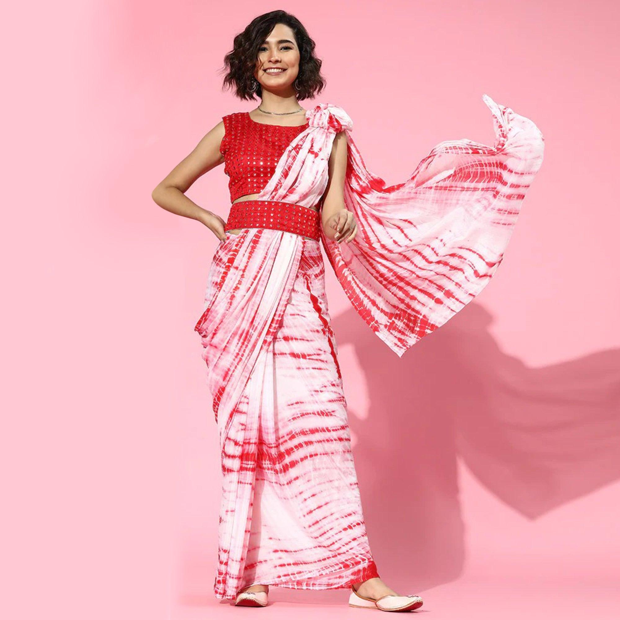 White-Red Casual Wear Printed Silk Saree - Peachmode