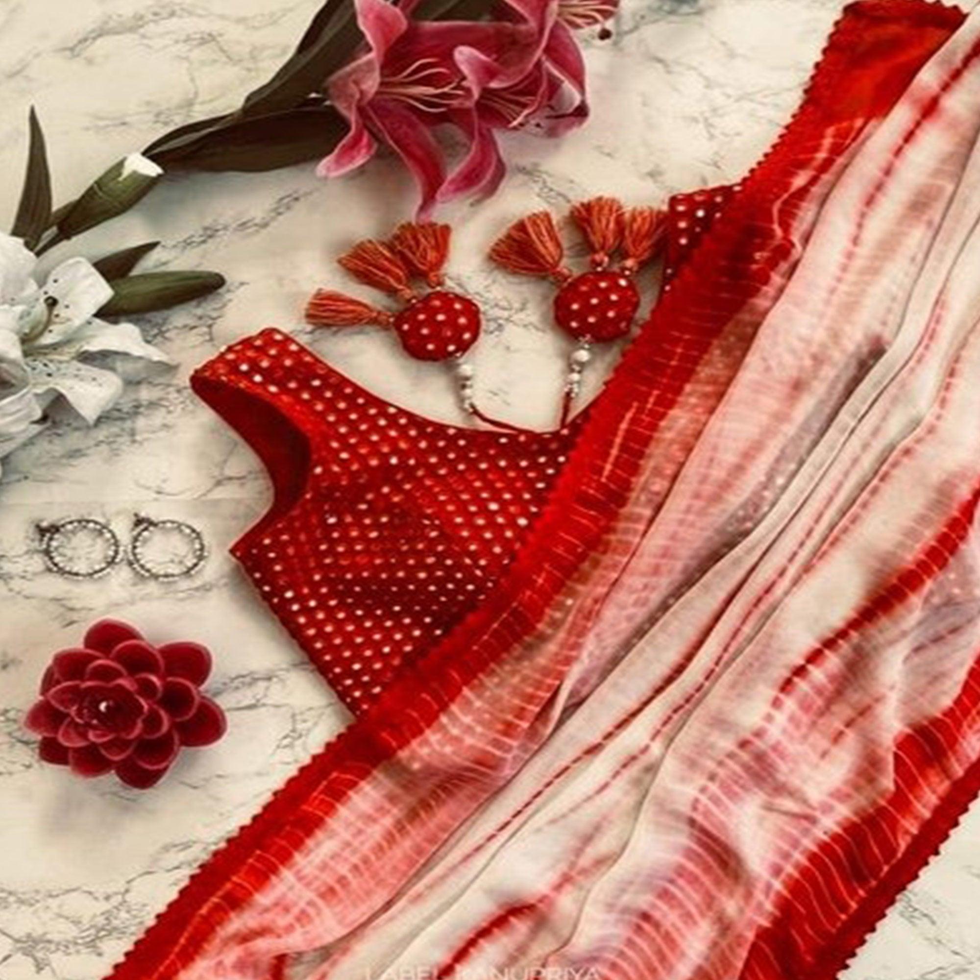 White-Red Casual Wear Printed Silk Saree - Peachmode