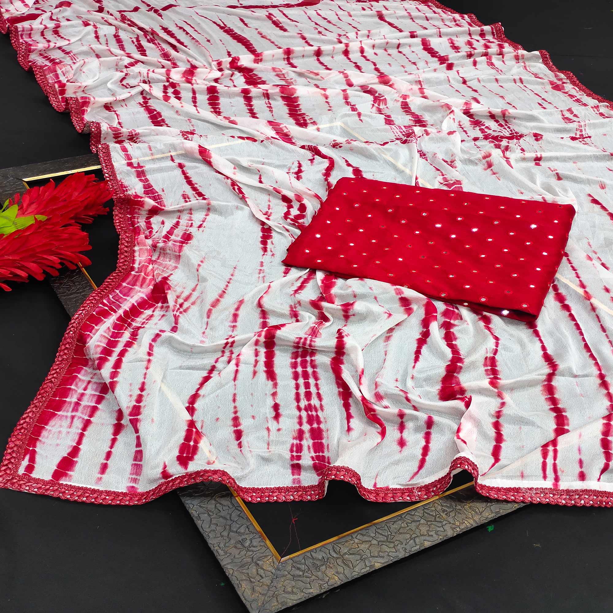 White-Red Casual Wear Printed Silk Saree - Peachmode