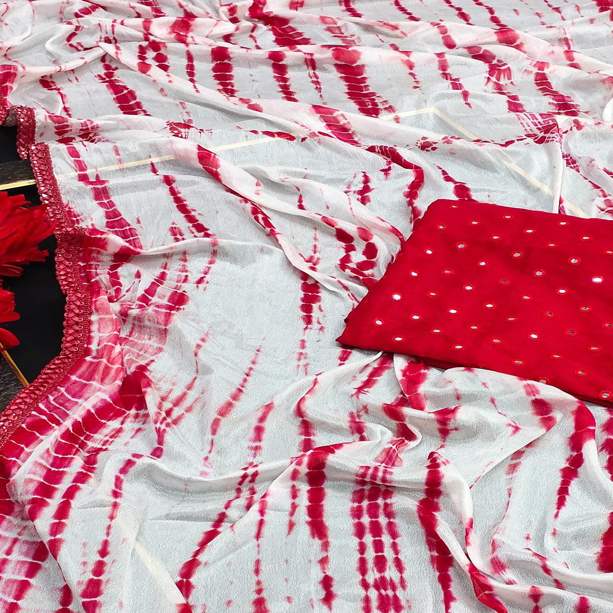 White-Red Casual Wear Printed Silk Saree - Peachmode