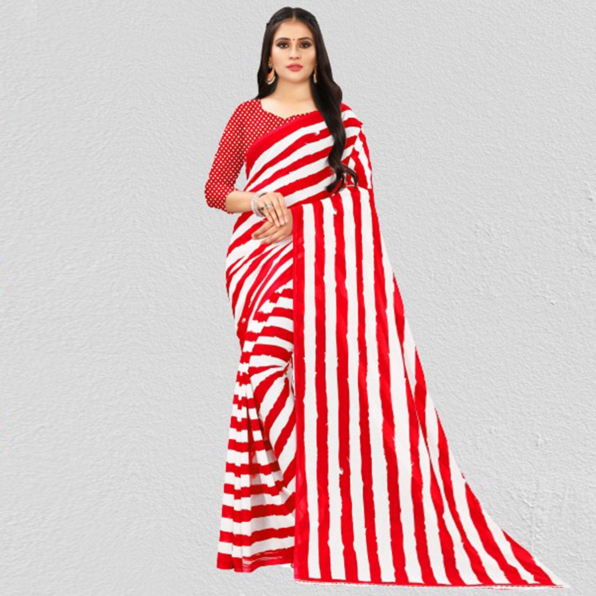 White-Red Casual Wear Stripe Printed Georgette Saree - Peachmode