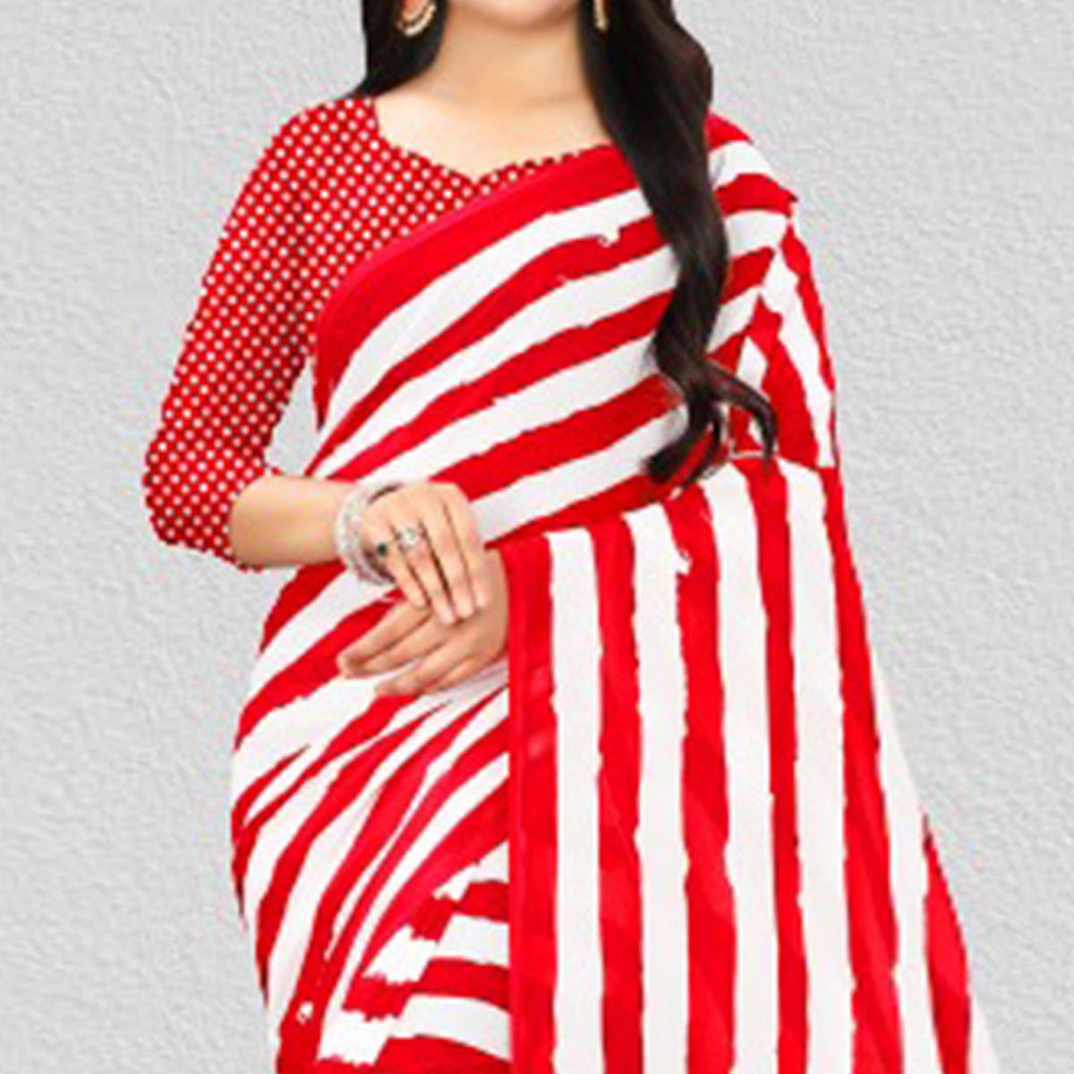 White-Red Casual Wear Stripe Printed Georgette Saree - Peachmode