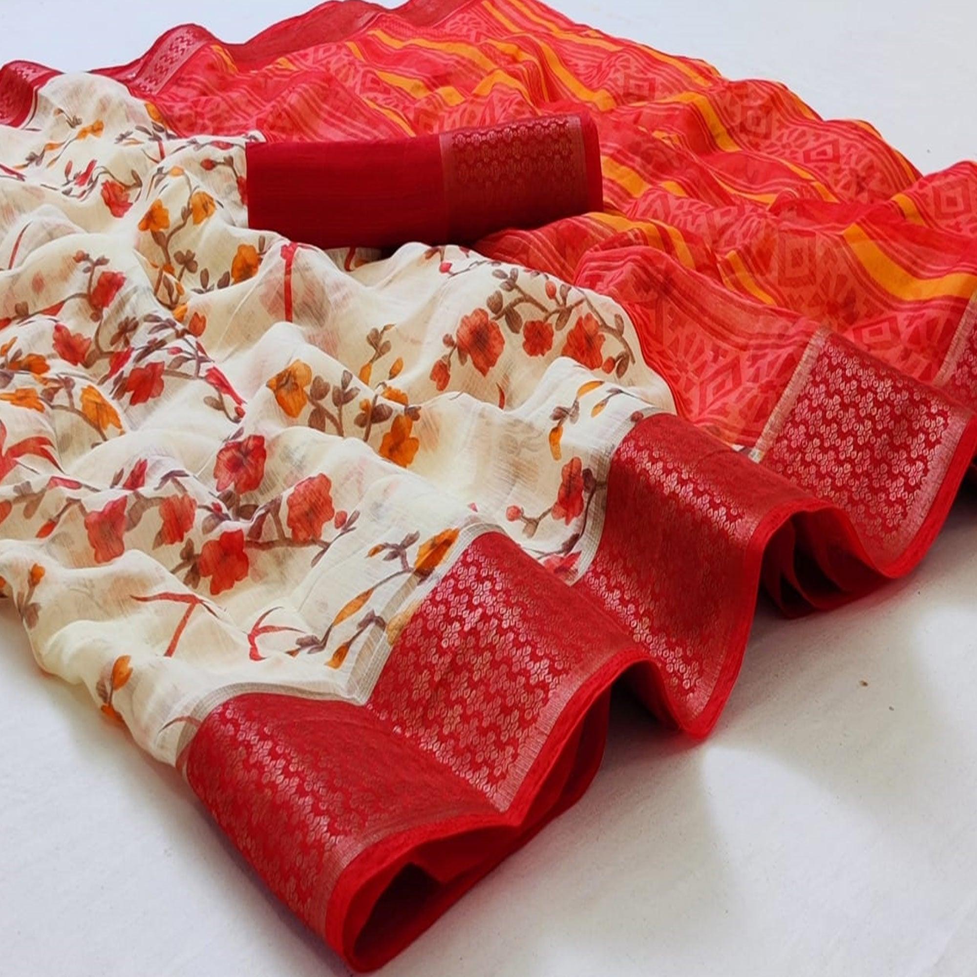 White-Red Festive Wear Floral Printed Woven Border Cotton Saree - Peachmode