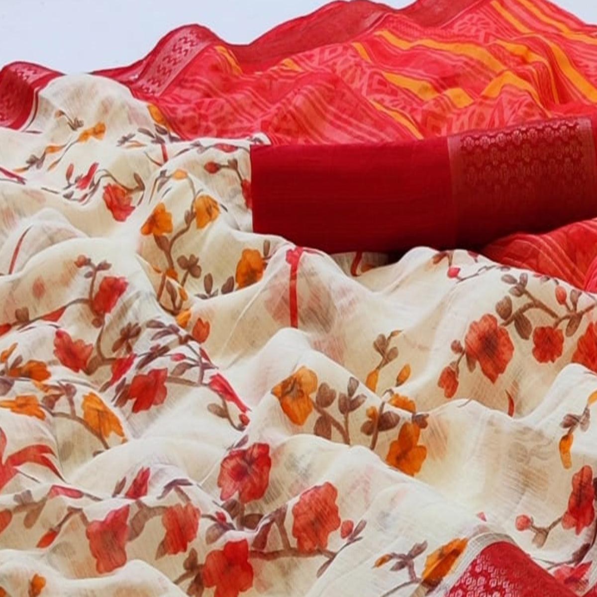 White-Red Festive Wear Floral Printed Woven Border Cotton Saree - Peachmode