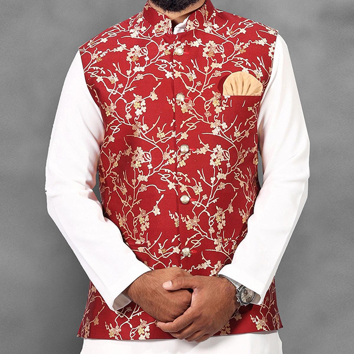 White - Red Floral Printed Pure Cotton Men's Kurta Pyjama Set With Modi Jacket - Peachmode
