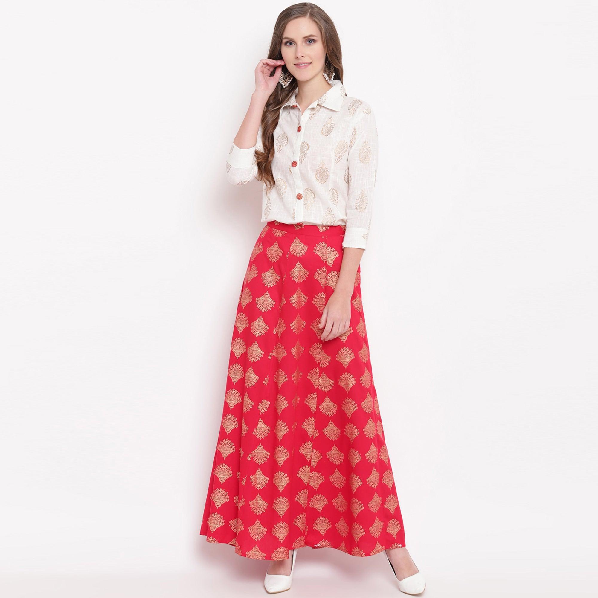 White-Red Foil Printed Pure Cotton Shirt-Skirt Set - Peachmode