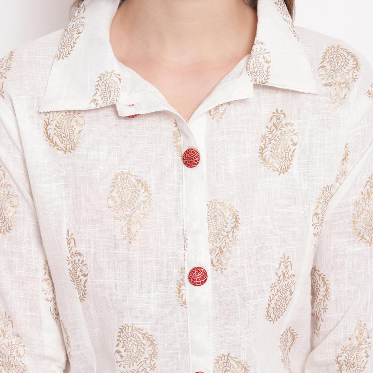White-Red Foil Printed Pure Cotton Shirt-Skirt Set - Peachmode